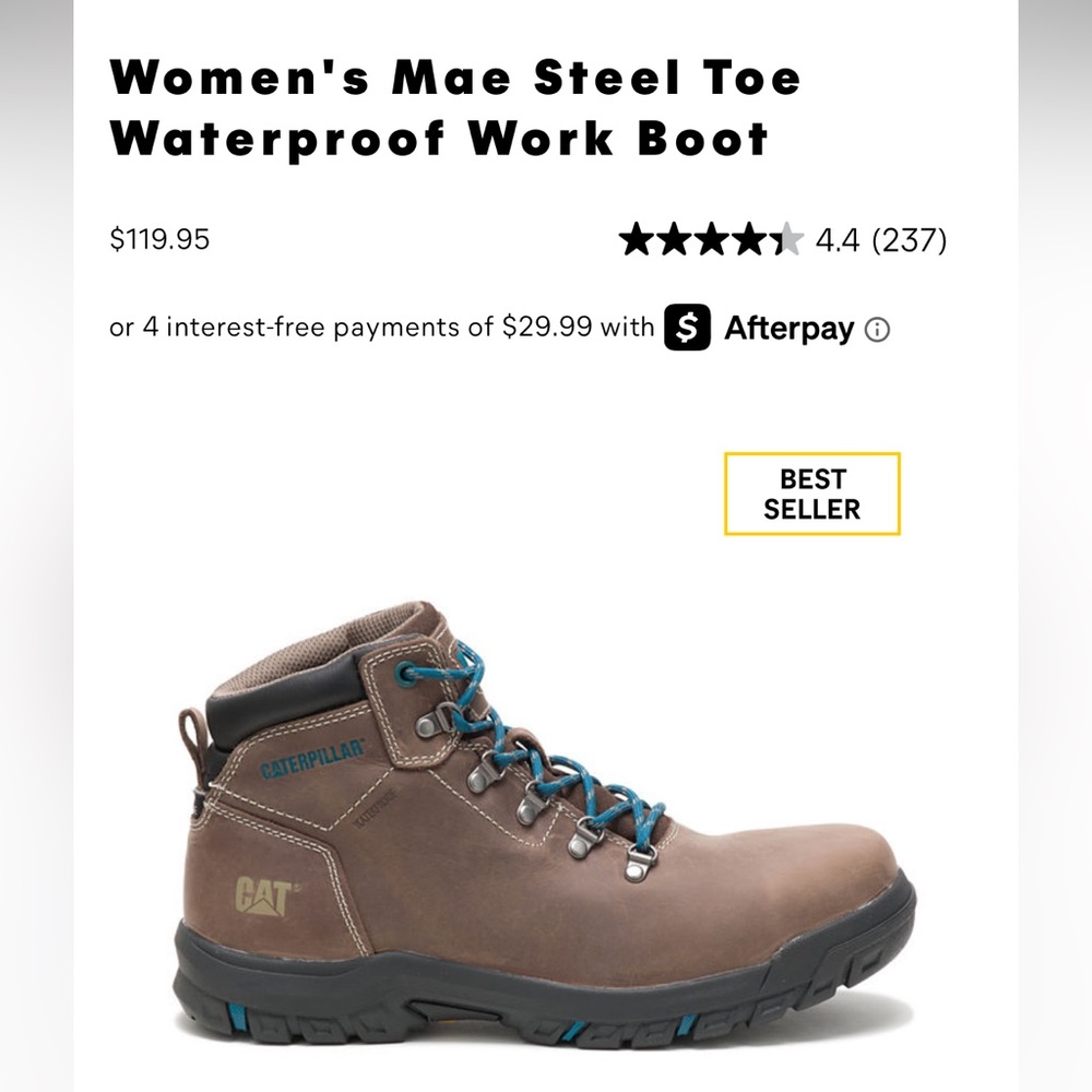 New in box sz 7 CAT Women's Mae Steel Toe Waterproof Work Boot Brown